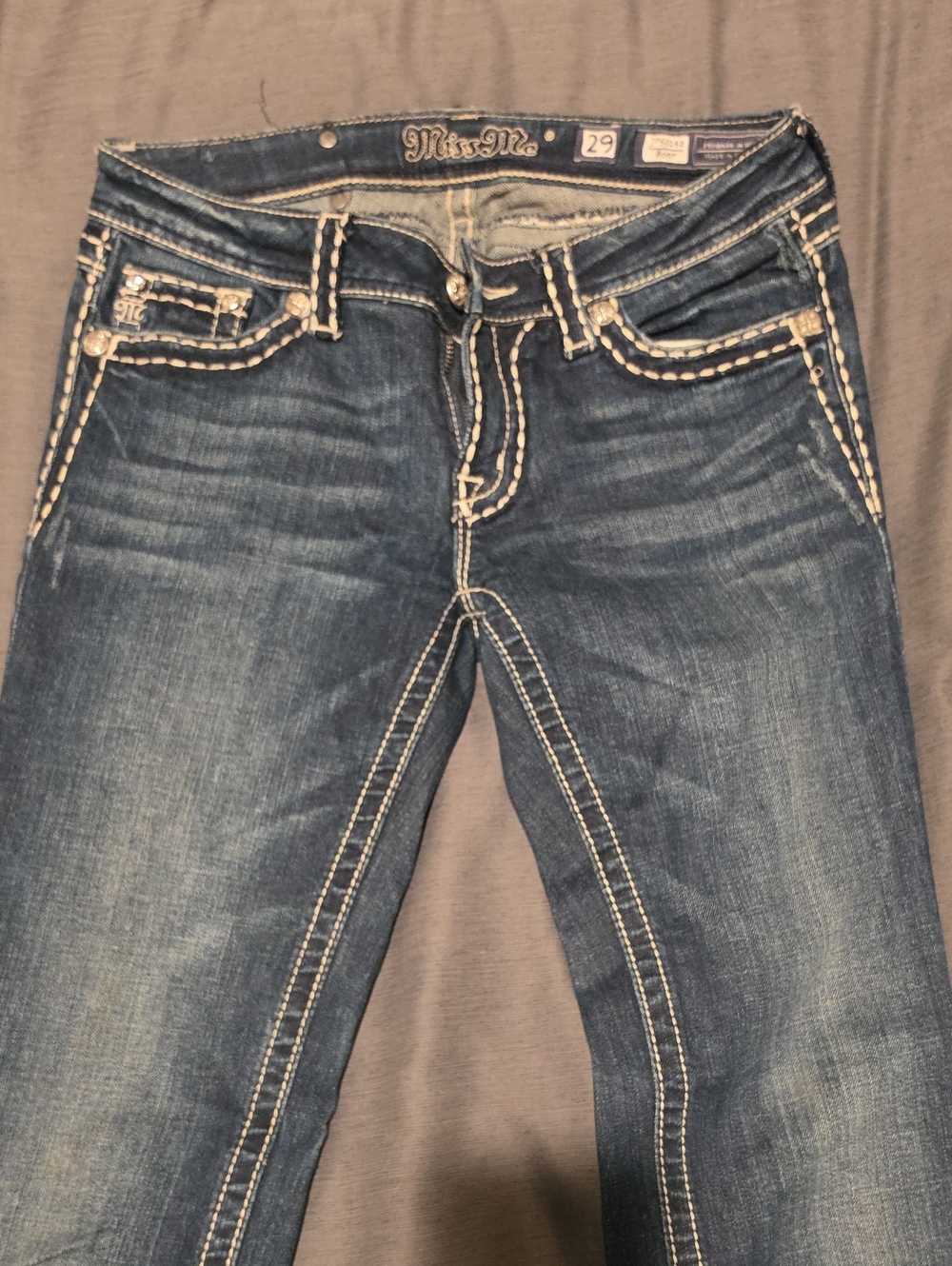 Miss Me Blue Skinny Jeans with White Contrast Stitching